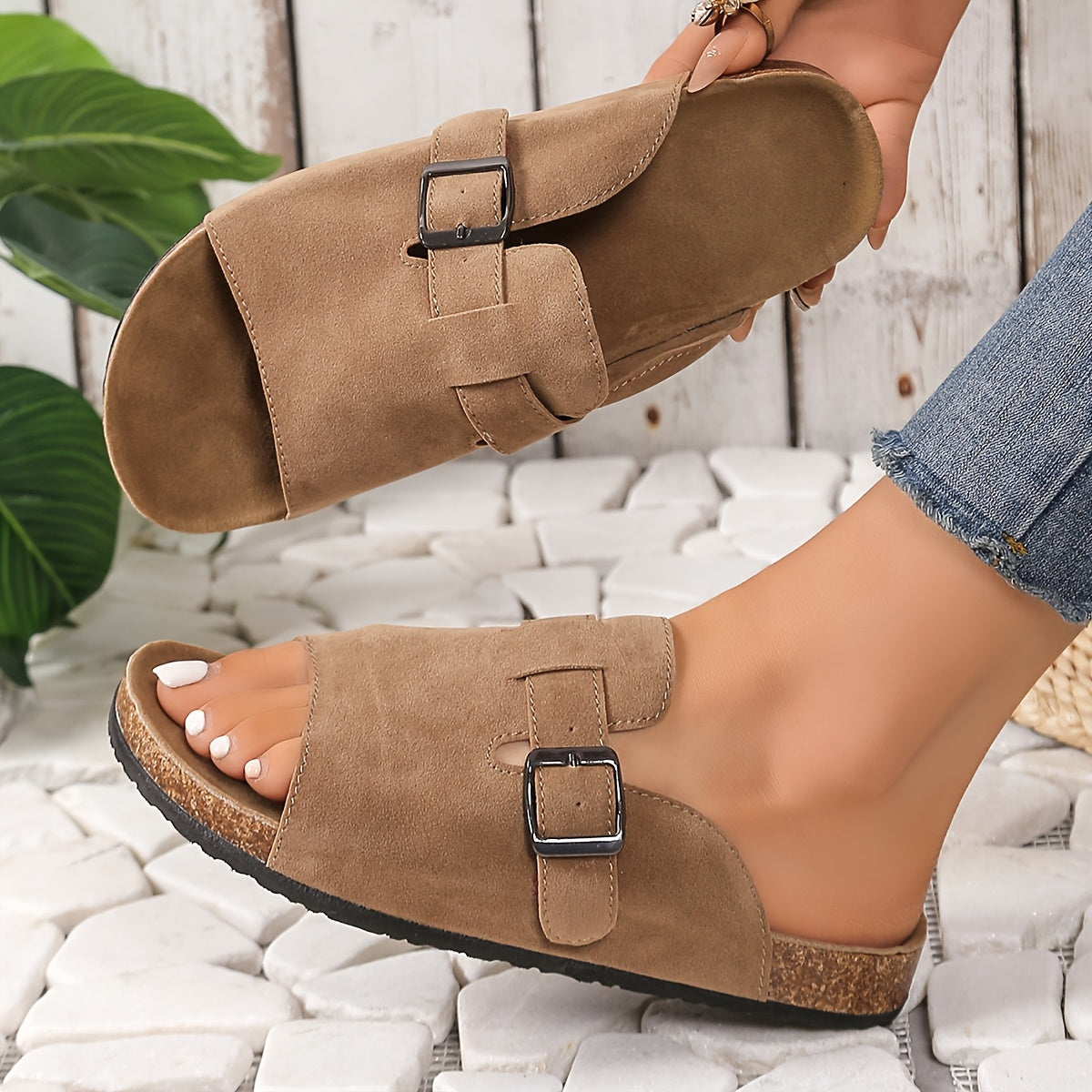 Adjustable Cork Slide Sandals – Women’s Open Toe Slip-On Flats