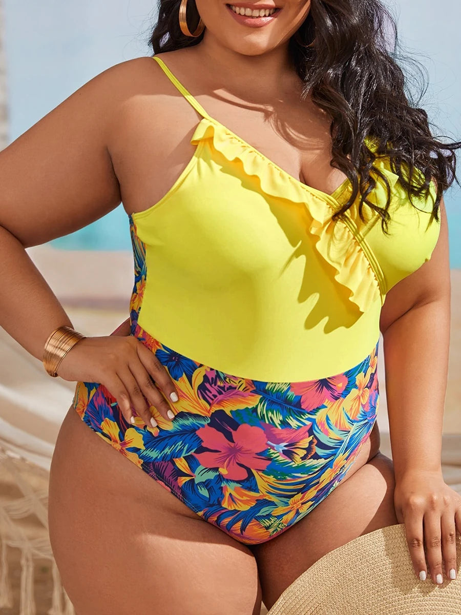 Floral Print Plus Size One-Piece Swimsuit – Adjustable Vest Style