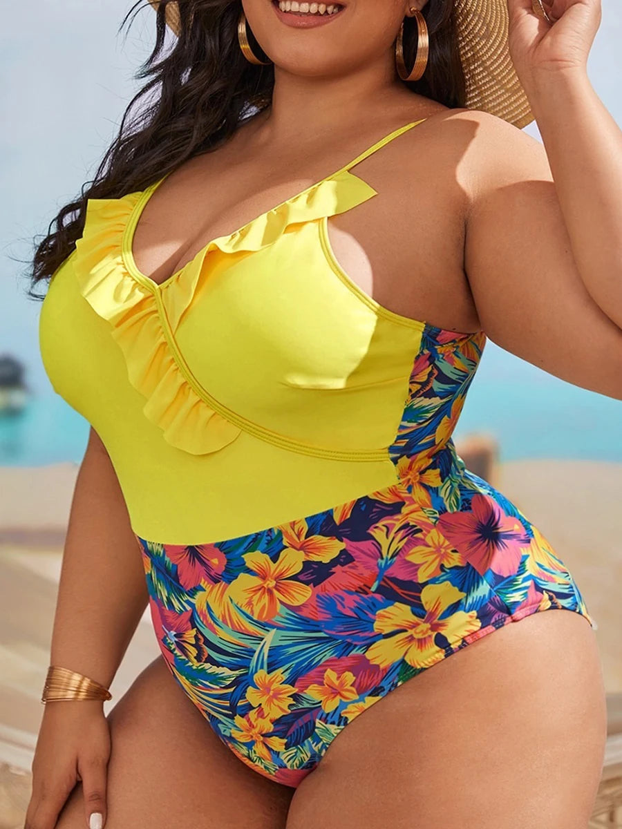 Floral Print Plus Size One-Piece Swimsuit – Adjustable Vest Style