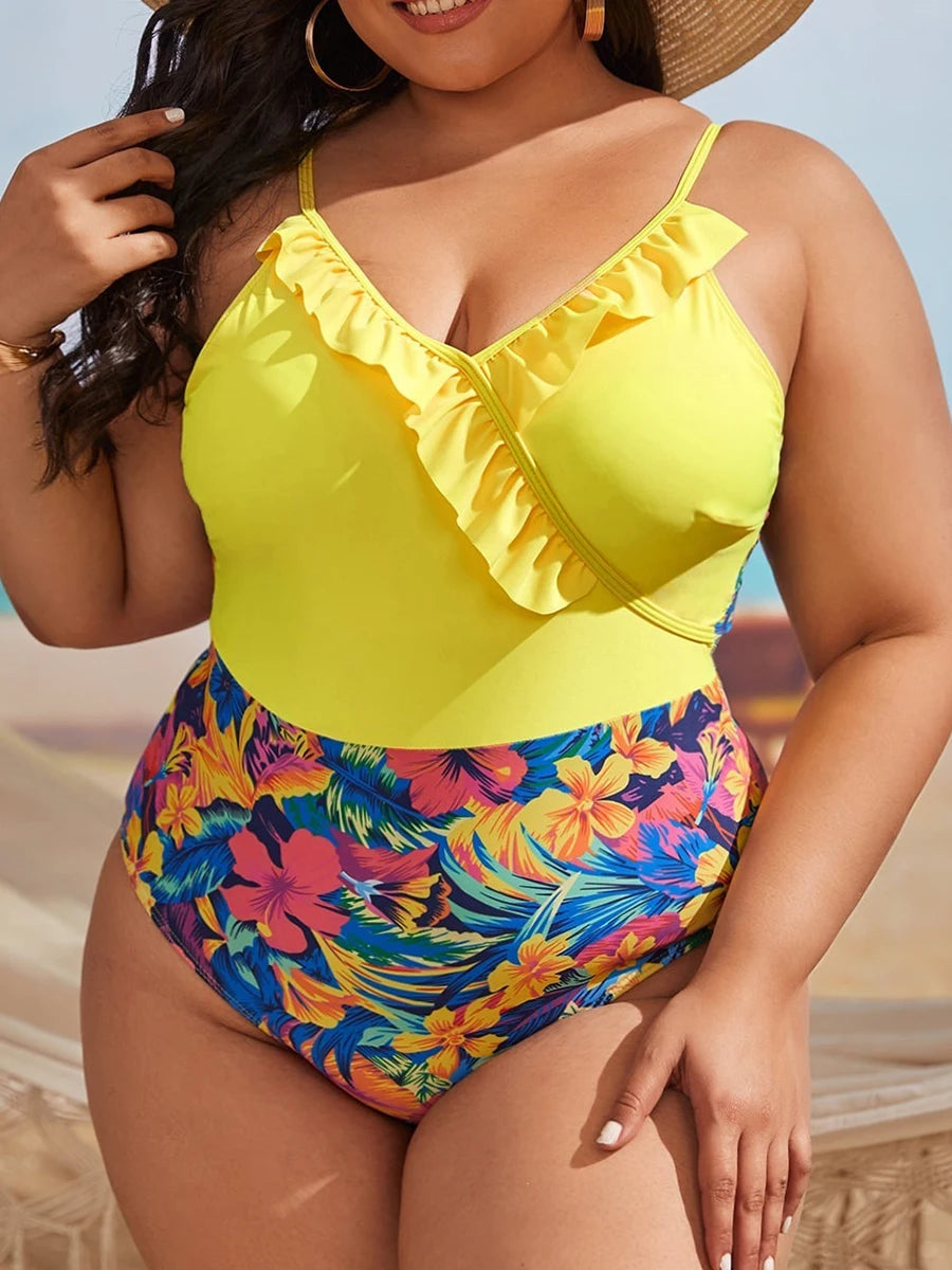 Floral Print Plus Size One-Piece Swimsuit – Adjustable Vest Style