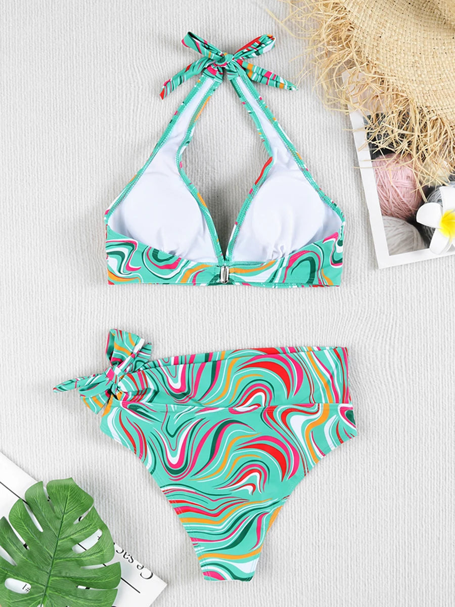Printed Plus Size Bikini Set – High-Waisted Two-Piece Beach Style