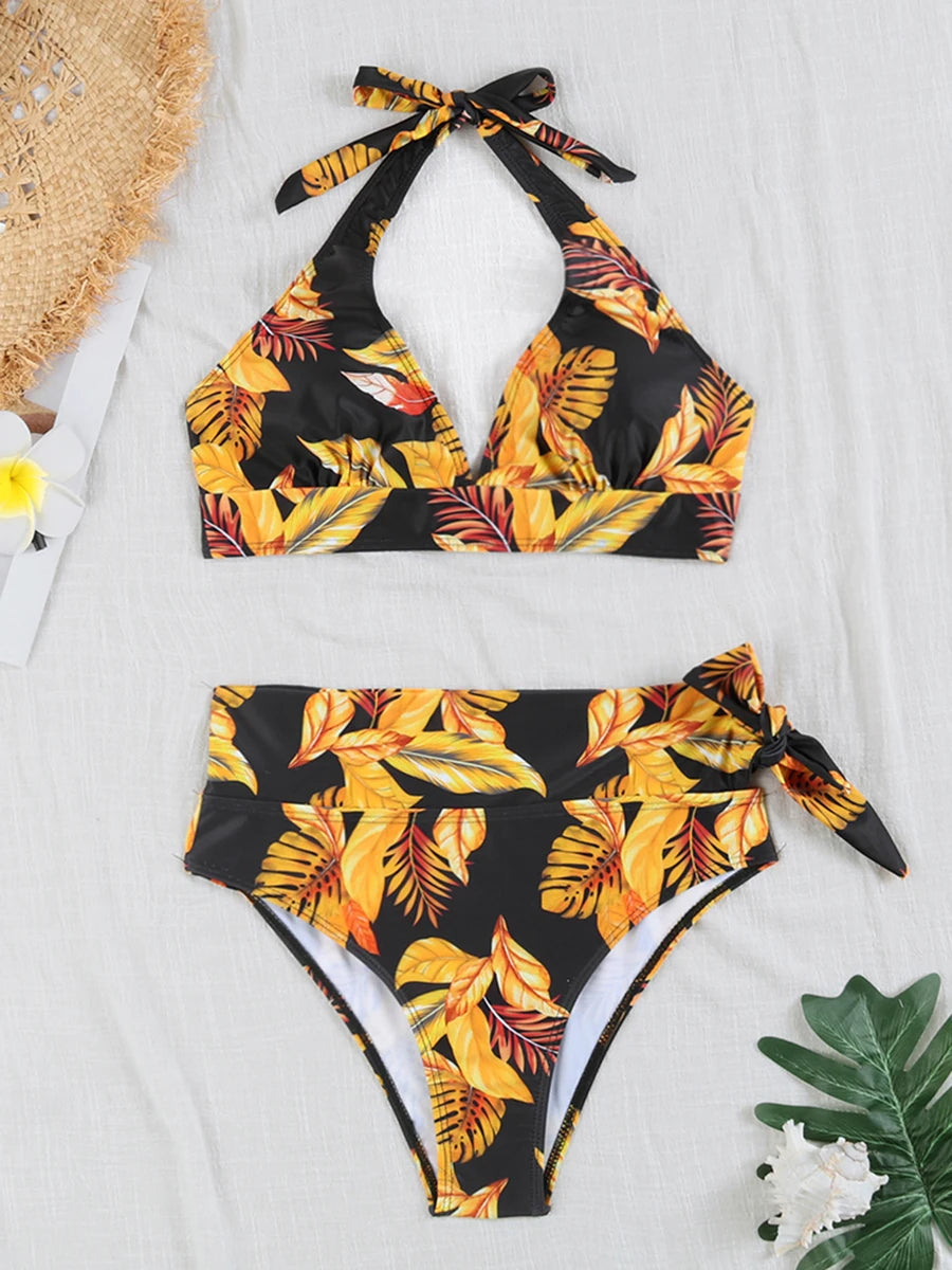 Printed Plus Size Bikini Set – High-Waisted Two-Piece Beach Style