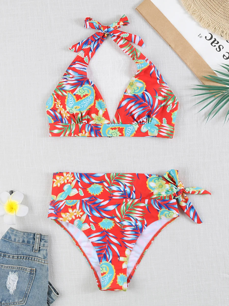 Printed Plus Size Bikini Set – High-Waisted Two-Piece Beach Style