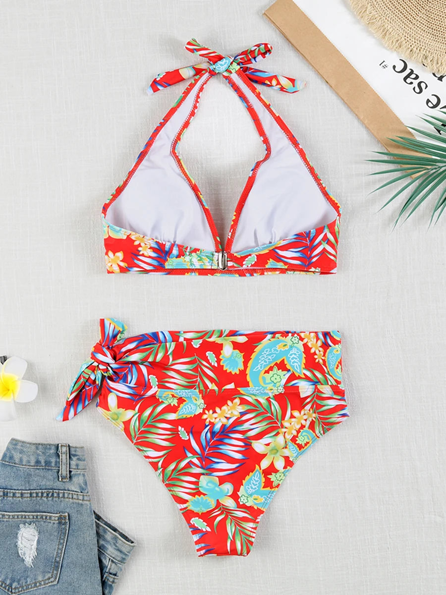 Printed Plus Size Bikini Set – High-Waisted Two-Piece Beach Style