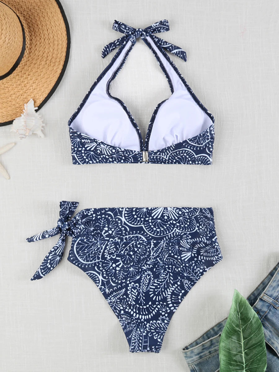 Printed Plus Size Bikini Set – High-Waisted Two-Piece Beach Style