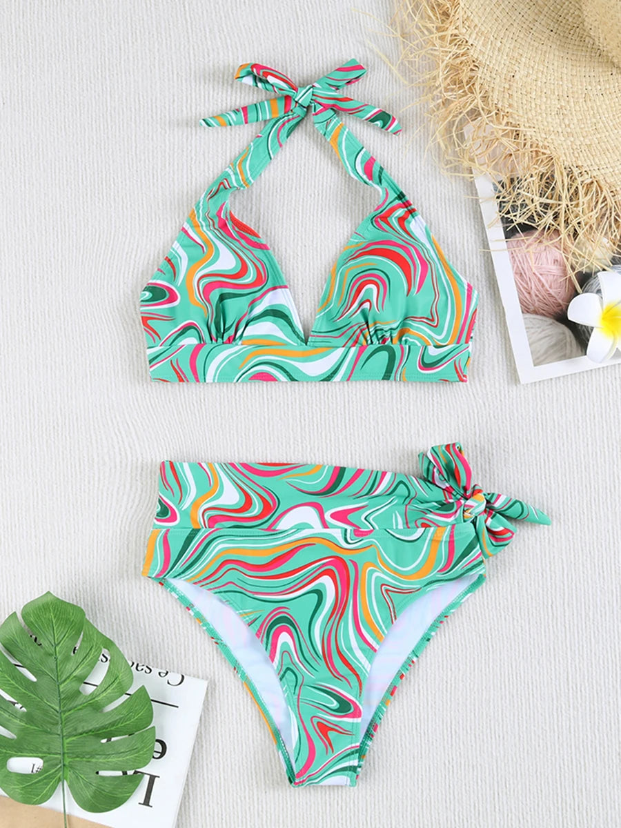 Printed Plus Size Bikini Set – High-Waisted Two-Piece Beach Style