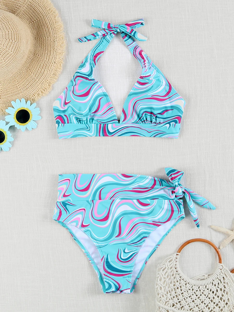 Printed Plus Size Bikini Set – High-Waisted Two-Piece Beach Style