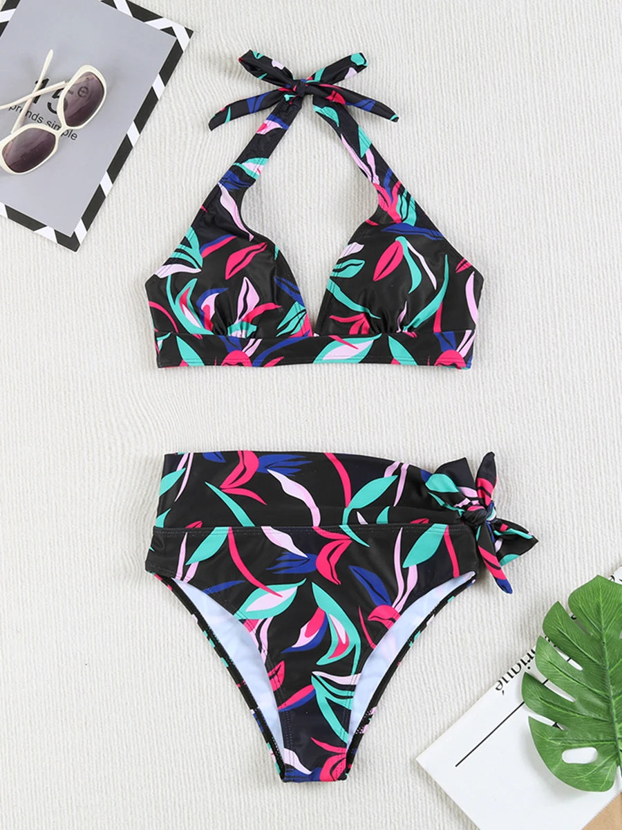 Printed Plus Size Bikini Set – High-Waisted Two-Piece Beach Style