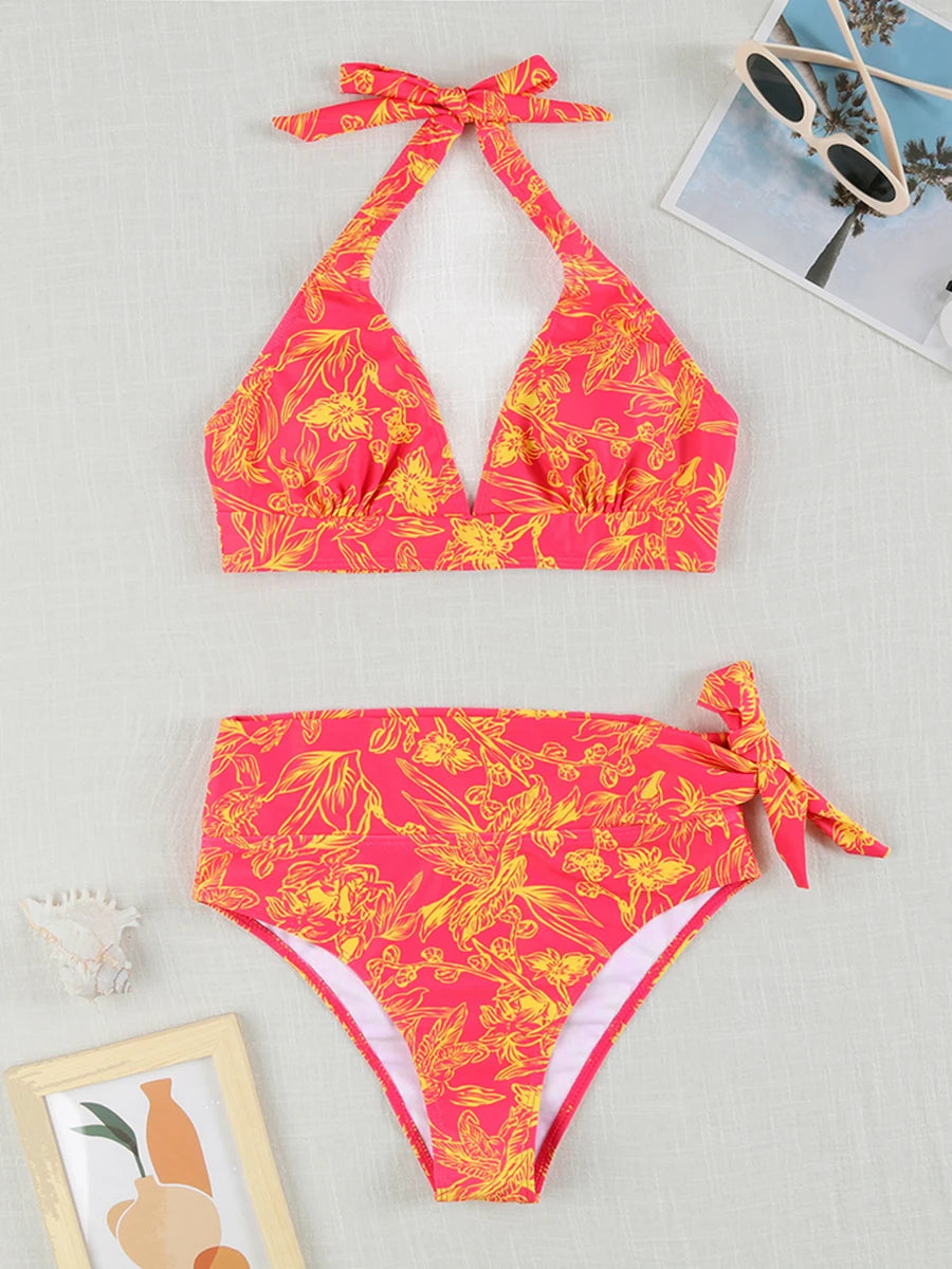 Printed Plus Size Bikini Set – High-Waisted Two-Piece Beach Style