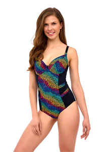 Rainbow Dot One-Piece Swimsuit – Slimming Side Panel Design