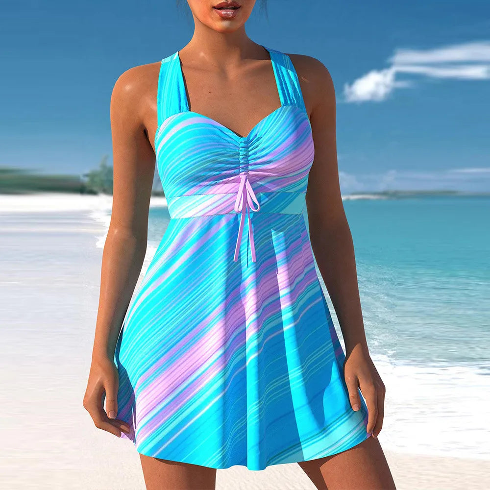 Striped Plus Size Tankini Set – Swimdress with Boyshort Bottoms
