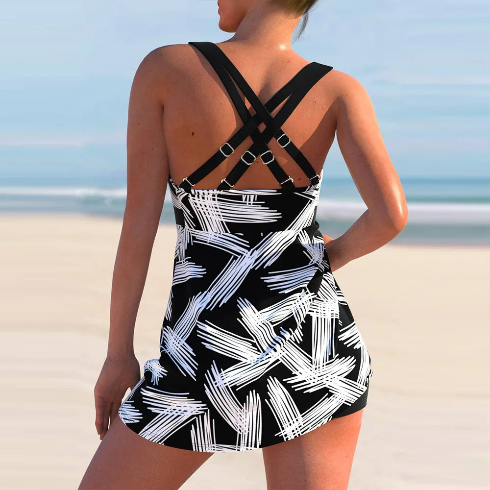 Striped Plus Size Tankini Set – Swimdress with Boyshort Bottoms
